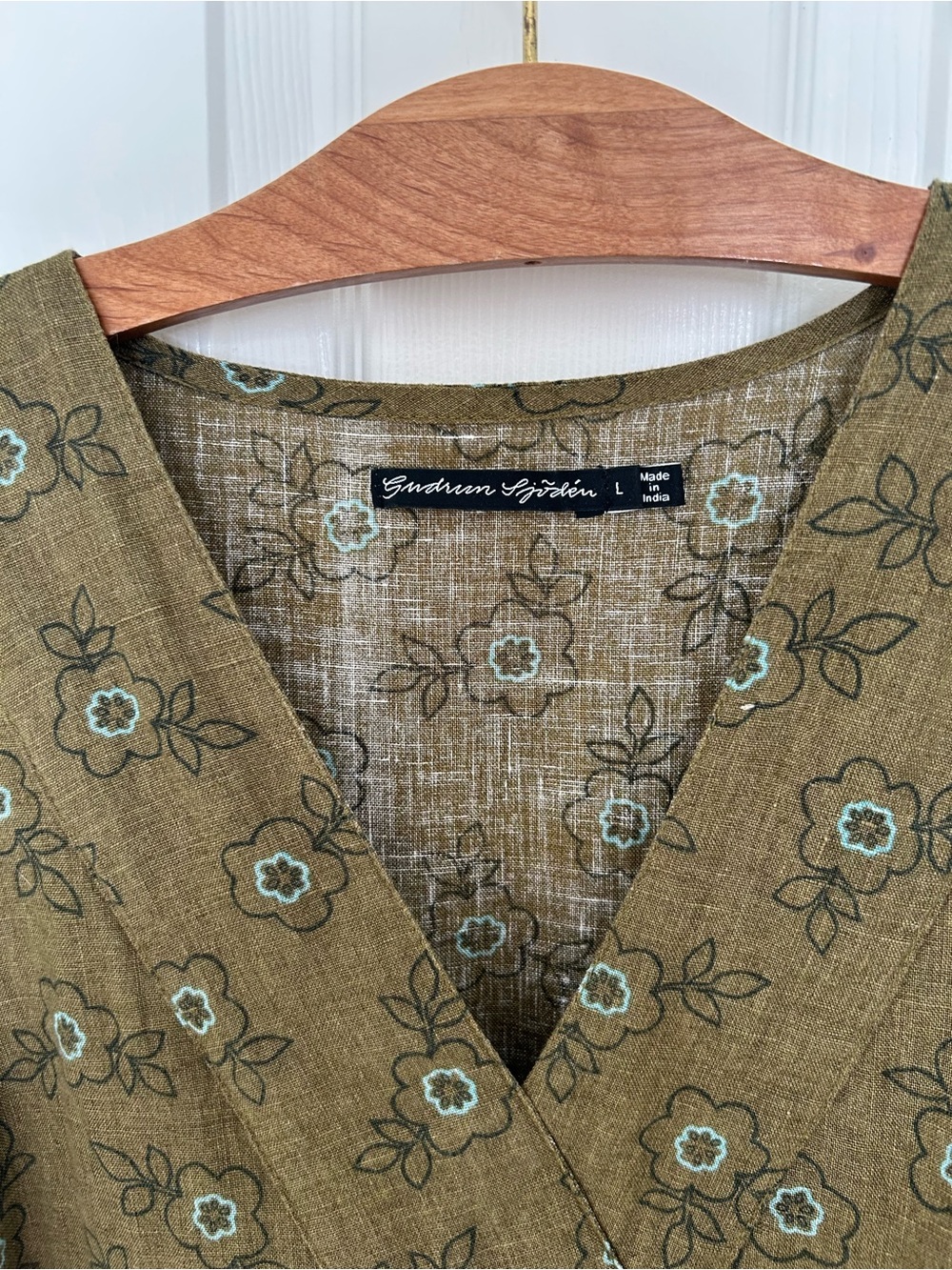 Gudrun Sjöden Olive Floral 100% Linen Midi Dress, Size Large.